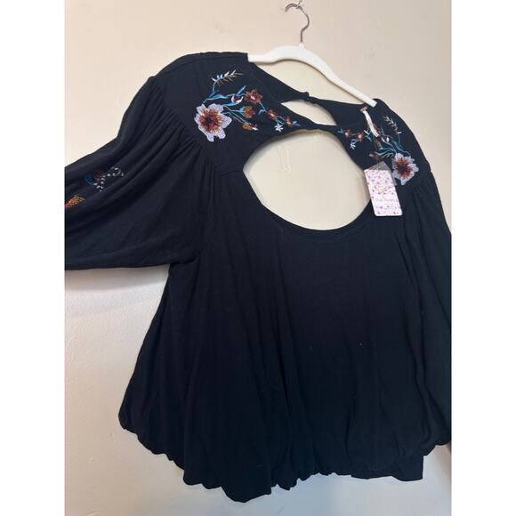 NWT Free People Black Embroidery Lita Long Sleeve Top LARGE - Picture 5 of 9